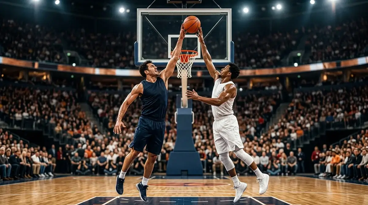 NBA basketball game in progress inside a packed arena with players competing under bright spotlights