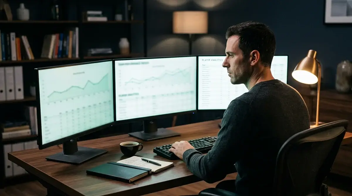 NBA betting analyst reviewing pace and efficiency data on multiple monitors with team statistics
