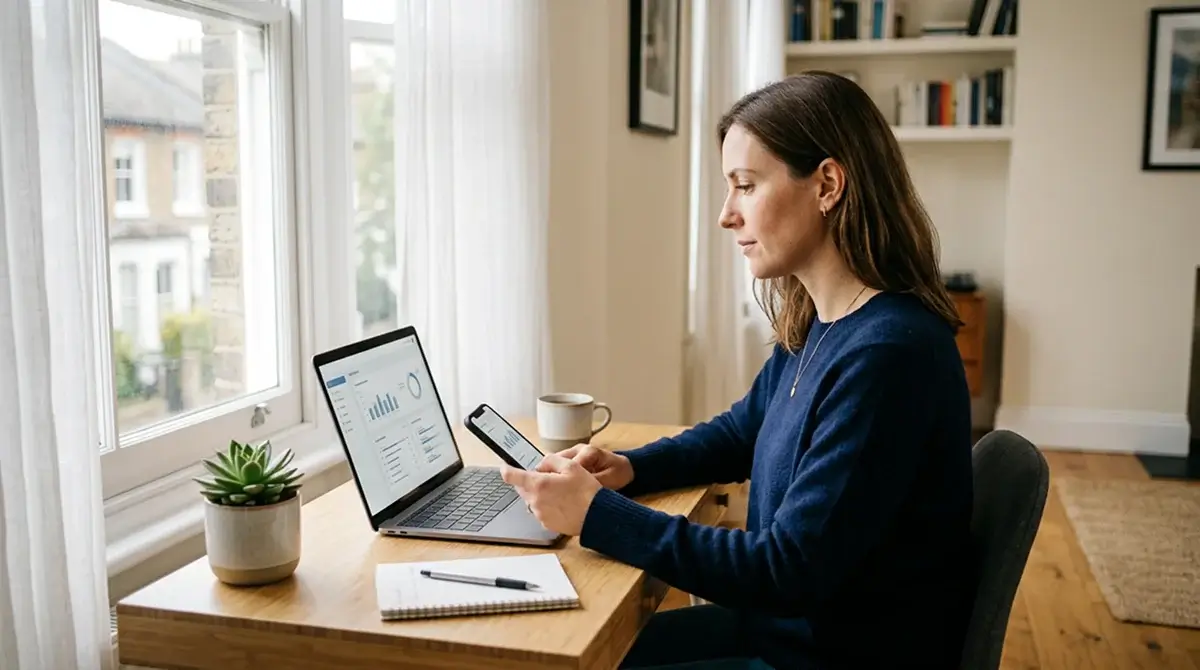 UK punter comparing NBA betting markets on a laptop and smartphone in a modern home office
